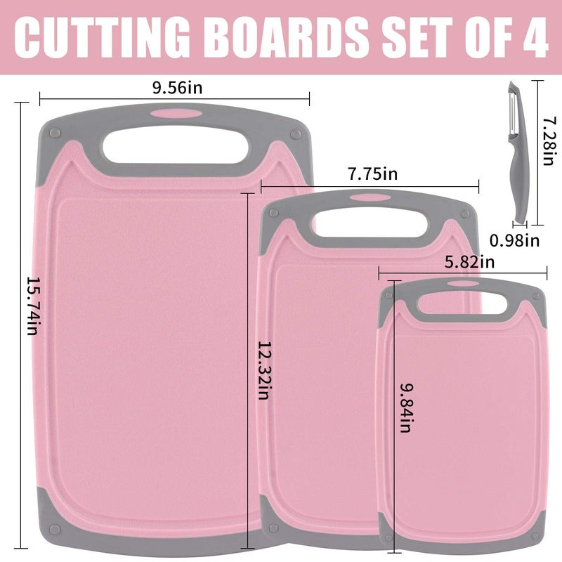 Rottogoon Cutting Boards for Kitchen, Plastic Chopping Board Set of 4 with Non-Slip Feet and Deep Drip Juice Groove, Easy Grip Handle, Dishwasher Safe, BPA Free, Non-porous(Pink/Gray) - Image 2